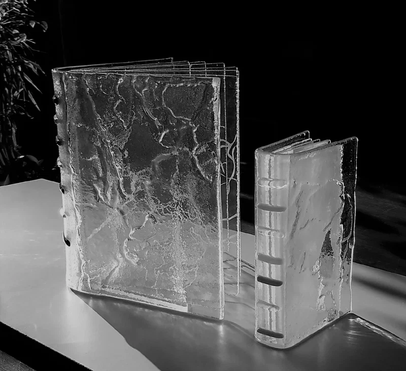 Passing, 2017 — Slumped Bullseye glass with four lead pages